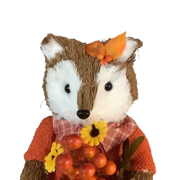 Rustic Woodland Fox Figurine Decor Plaid Dress Fall Flowers 9” Faux Fur Tail NEW - Picture 2 of 6